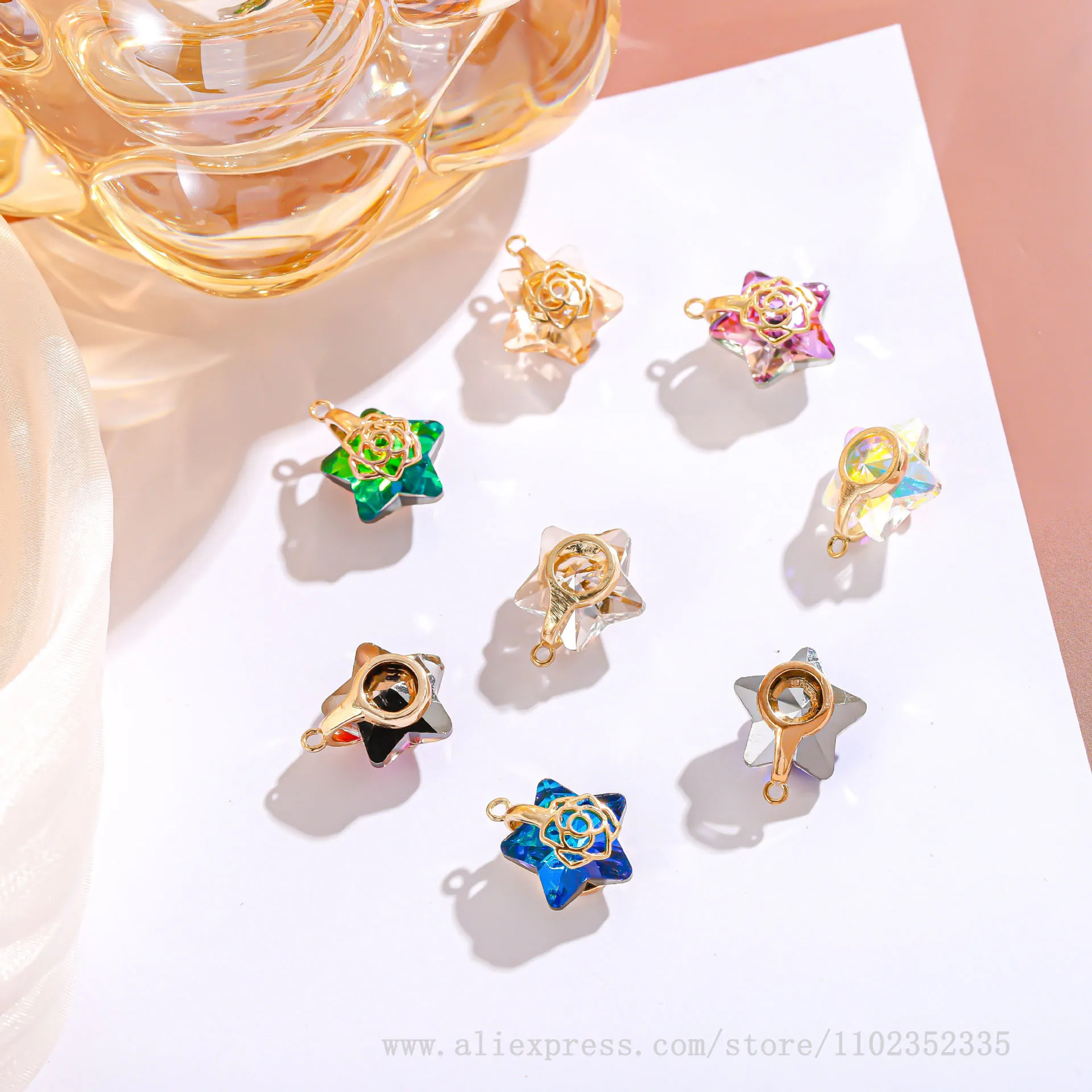 50pcs/ Bag  Hollow rose embedded zircon pendant  star pendant DIY earrings  bracelet  necklace accessory accessories