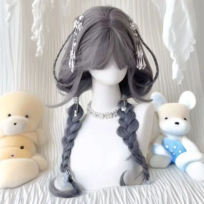 วิกผมคอสเพลย์สีฟ้าหมอกใหม่ - ผมลอนธรรมชาติ ทนความร้อน ผมสังเคราะห์ ทรงผมยาวหยิกสไตล์โบฮีเมียน