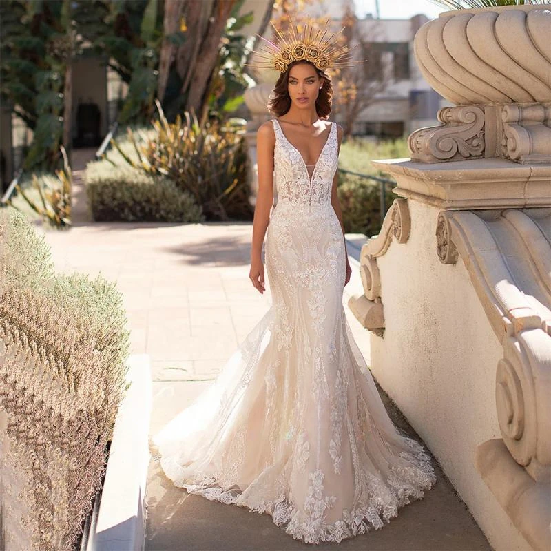 Sexy Boho Deep V-Neck Lace Appliques Wedding Dresses 2024 Mermaid Satin Sleeveless Bridal Gowns Court Train Vestido De Novia