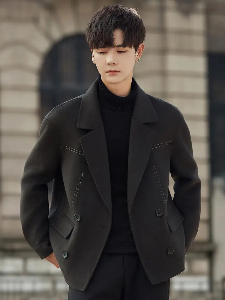 

Double-Faced Woolen Men's Coat Casual Sle Autumn Winter New Edition Faionable Ciscape Wool Blend Jaet with Notch Lapel
