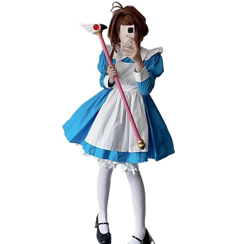 

Halloween Women's Anime Card Hat Costume Lolita Long Sleeve Blue Maid Outfit With Apron Dress Stage Role Playing Costume New