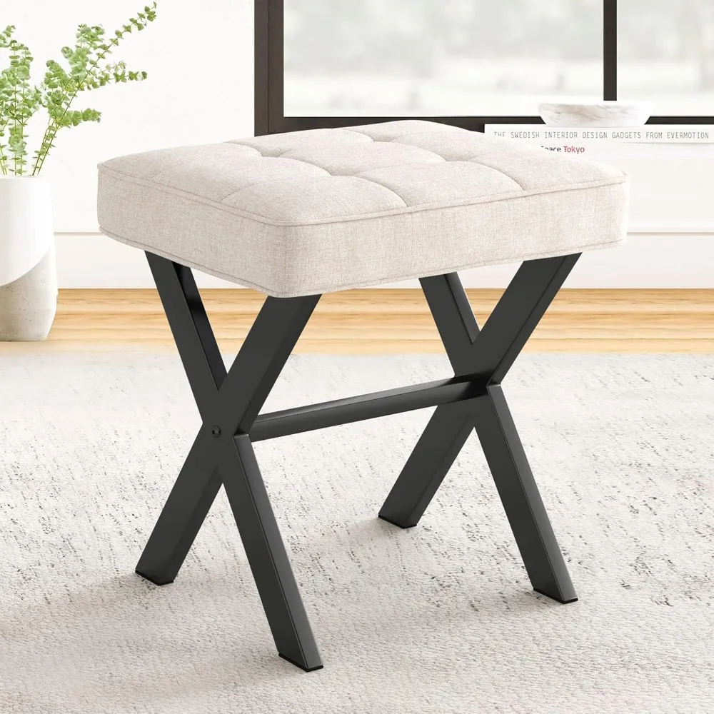 

Square Linen Makeup Stool with Metal X Legs, Small Ottoman Stool Chair for Vanity, Modern Padded Vanity Seat Foot Rest Stool