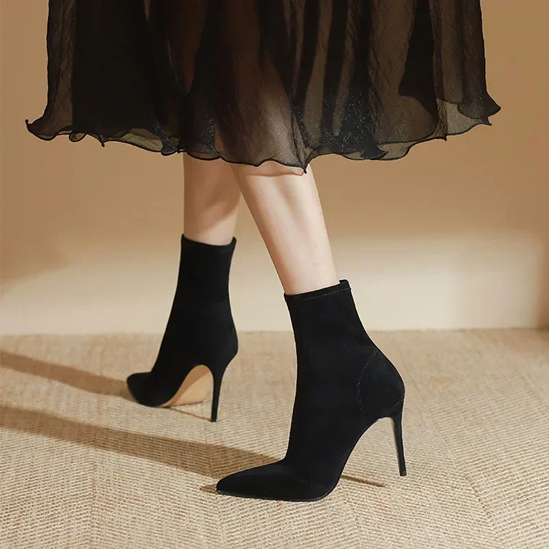 

Black Elastic Sock Boots Thin Heels Heel Pointed Toe High Heels Elegant Designer High Quality Boots Autumn Winter Botas Mujer