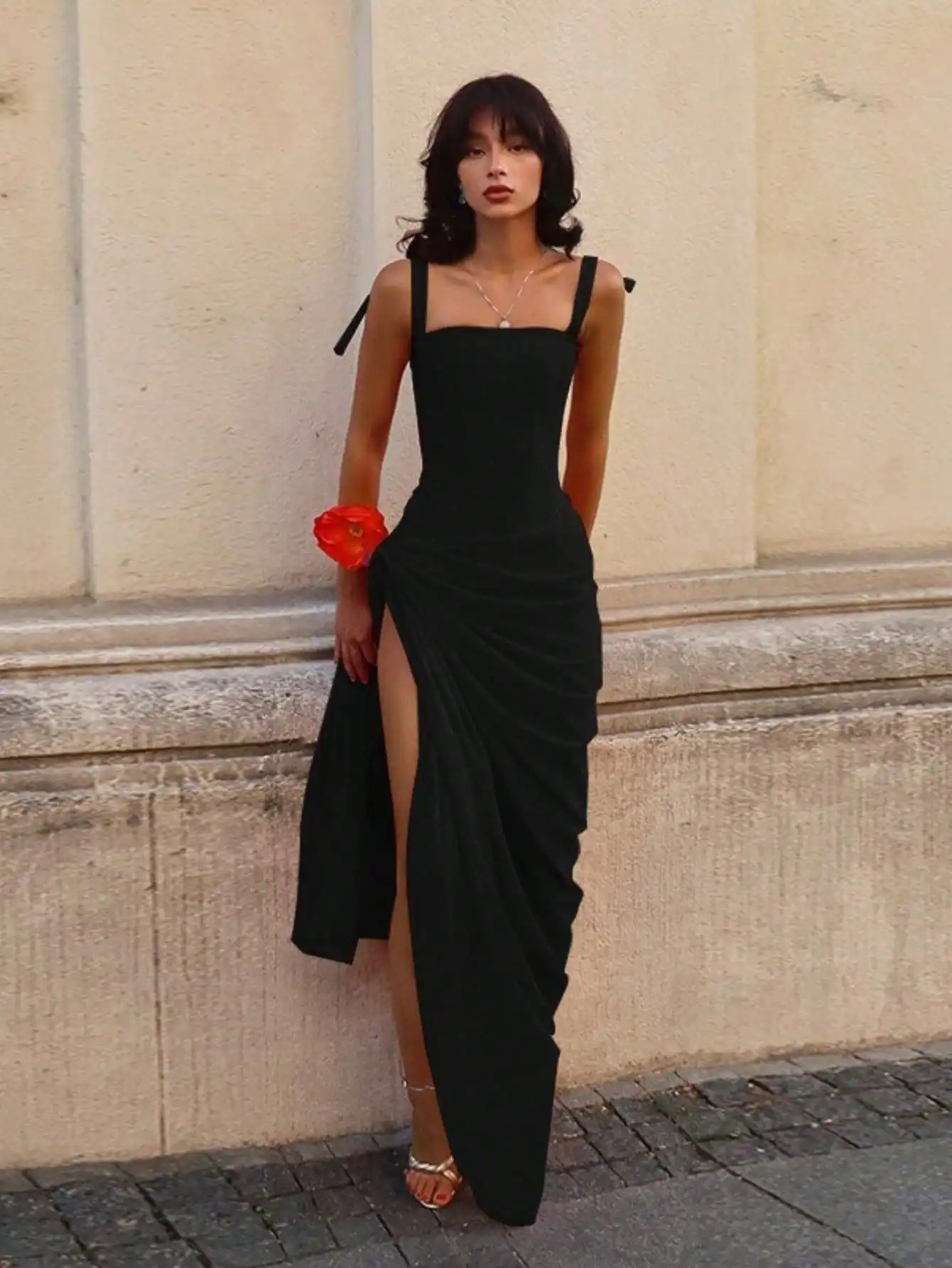 

New Slit Backless Slip Dress - Elegant Spaghetti Strap Maxi Gown for Evening