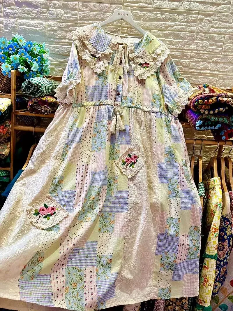 Vintage Cotton Patchwork Lace Floral Embroidery Midi Dress Summer Women Chic Retro Cottage Core Evening Long Dress