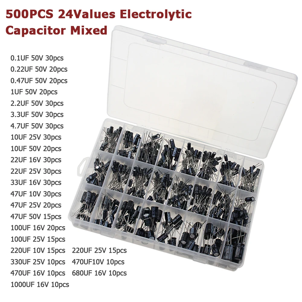 500PCS Electrolytic Capacitor Mixed DIP Electrolyte Capacitors 10V 16V 25V 50V Electronic Kit 0.1uF-1000uf 24Values