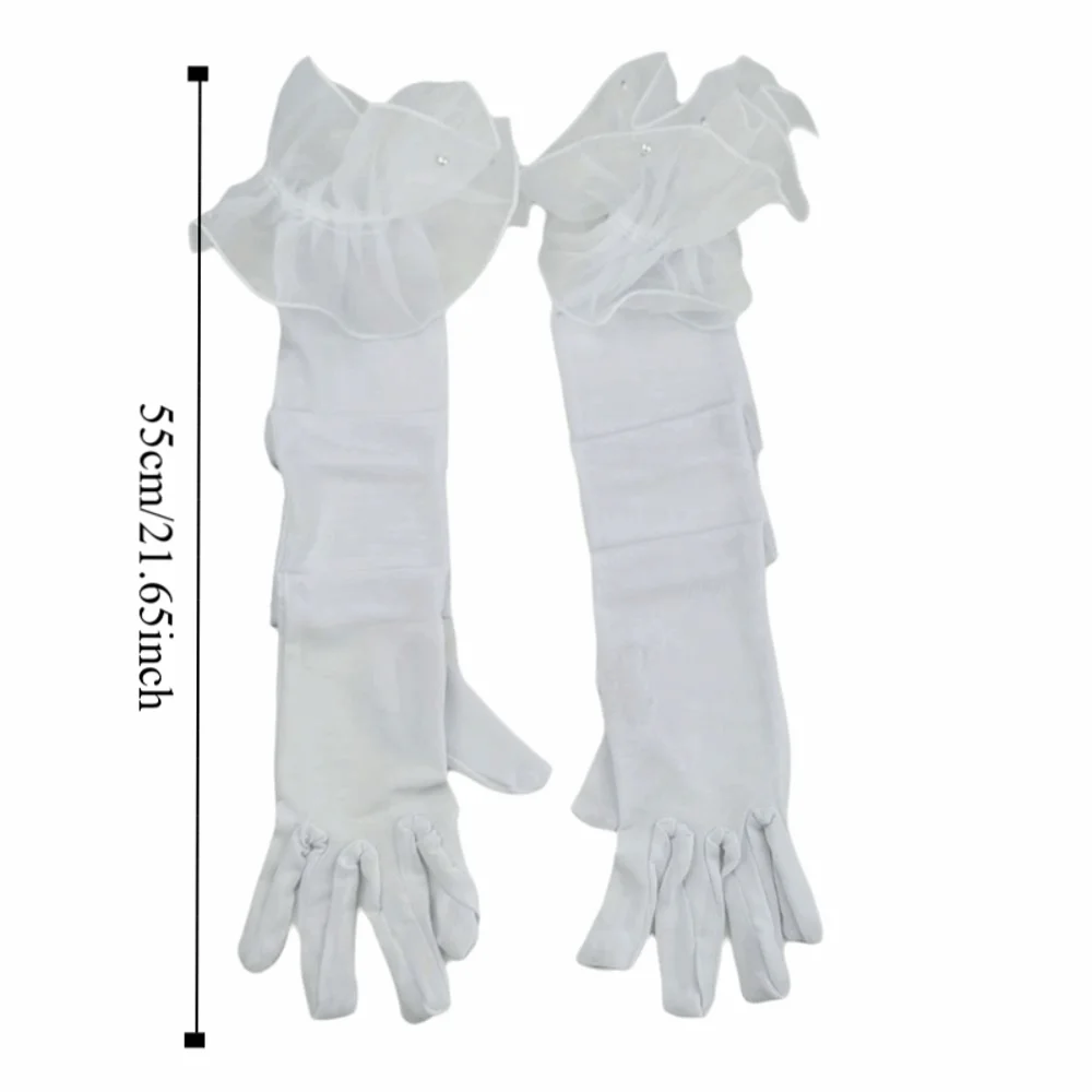 Elastic Women Long Mittens Wedding Dress Sunscreen Solid Lace Sleeves Gloves Pearl Decoration Perspective Bridal Mesh Gloves