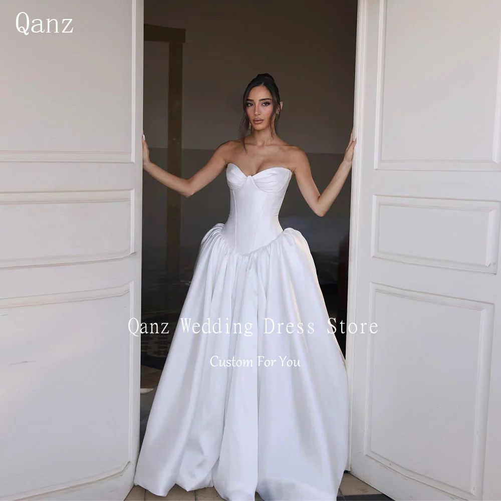 Qanz Elegant Long A Line Satin Wedding Dresses Bride Sweetheart Open Back Robe De Mariée White Vestidos De Novia Customized