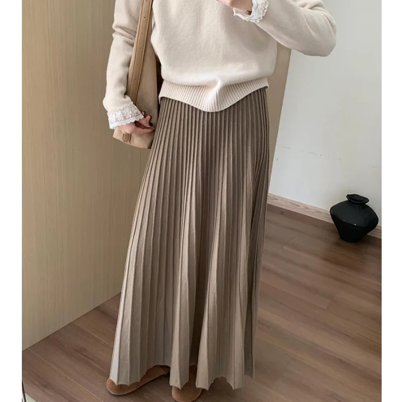 شتاء جديد ارتفاع الخصر Thiened Camere f تنورة عادية Sle المرأة تخفيف ودية مطوي تنورة طويلة Ele التخسيس