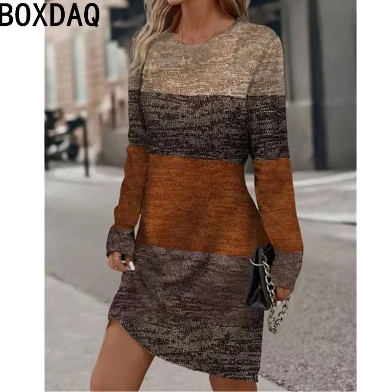 Women Long Sleeve Vintage A-Line Dress Autumn New Gradient Stripe Print Dresses Big Size 3XL Lady Elegant Party Dress Vestidos