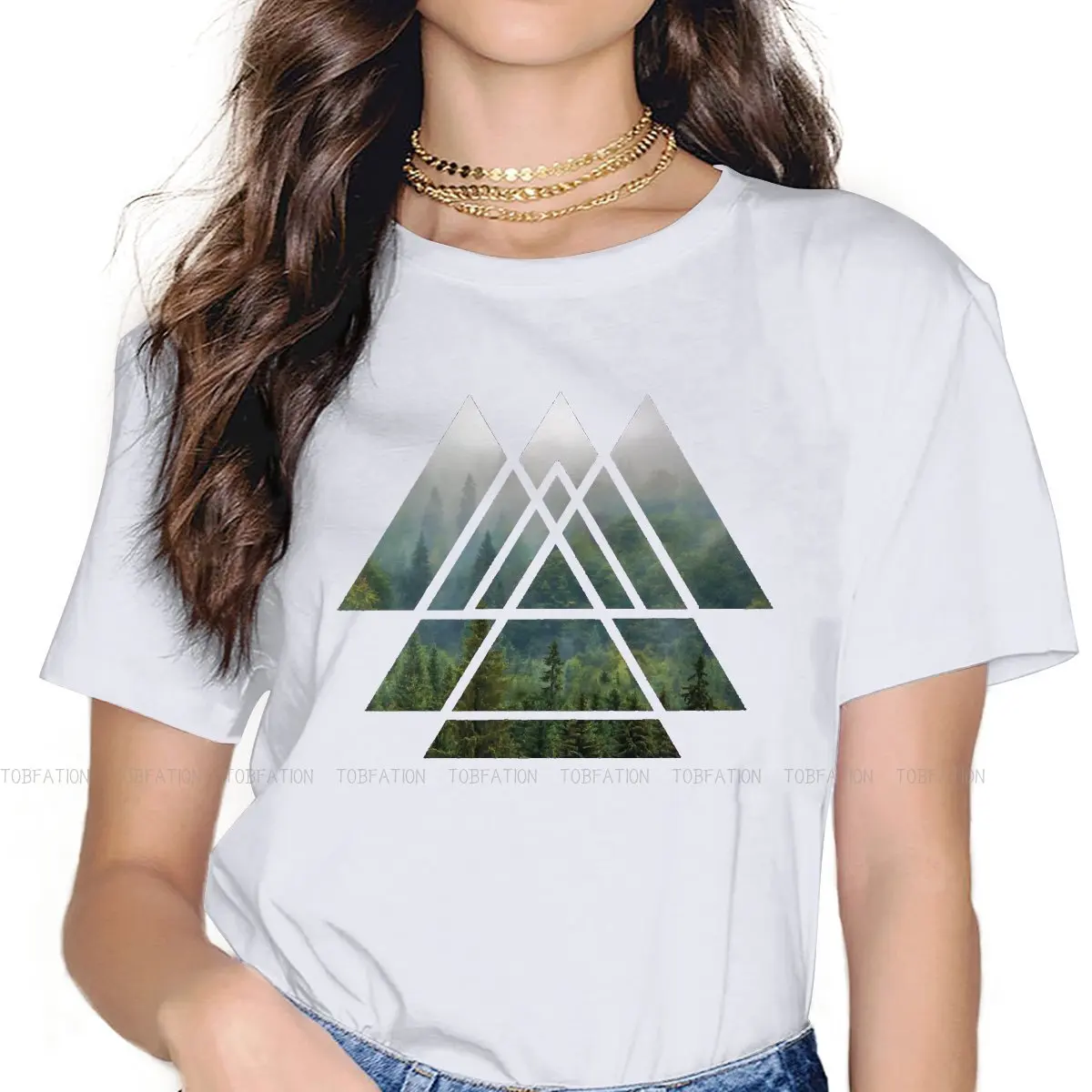 Sacred Geometry Triangles Misty Forest Newest TShirts Tree Girl Harajuku Fabric Streetwear T Shirt Round Neck