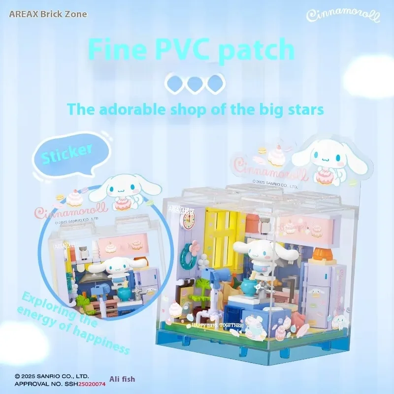 Sanrio area-x mini loja blocos de construção conjunto com kuromi cinnamoroll hangyodon kawaii tijolos para meninas presente aniversário caixa cega