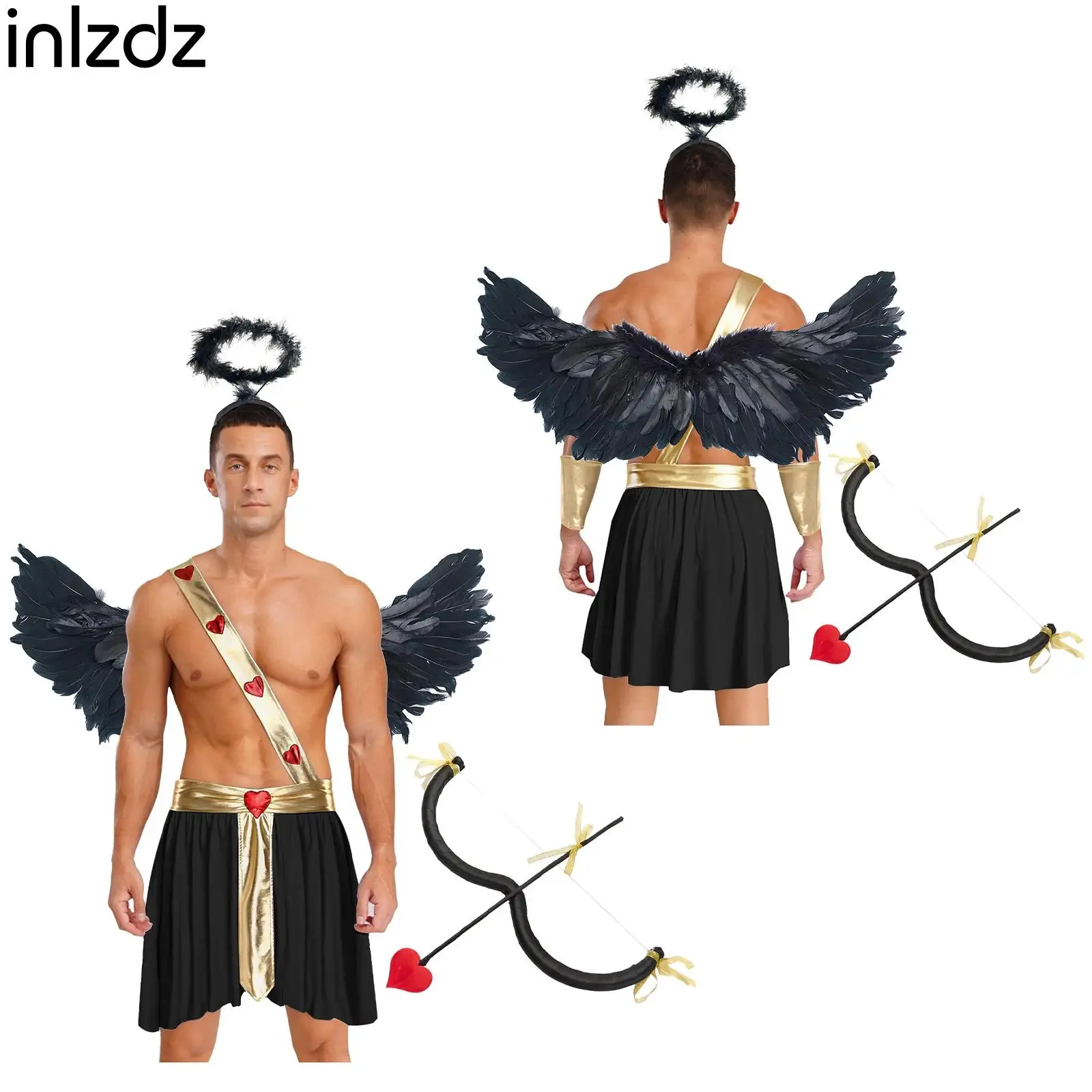 

New Mens Halloween Cupid Dress Up Costumes Heart Pattern Skirt+Accessories Set for Festival Carnival Fancy Themed Party Clothes