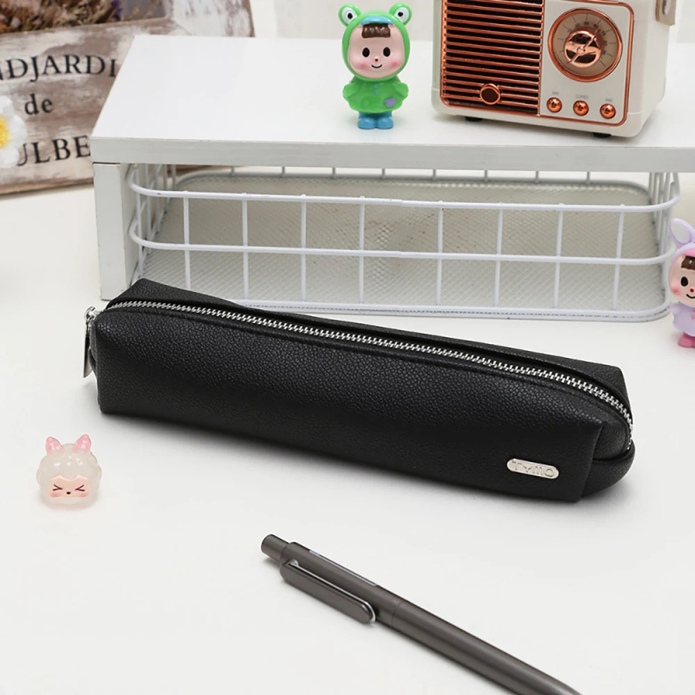 New PU leather pencil case, student simple solid color high-value stationery pencil case portable stationery storage bag