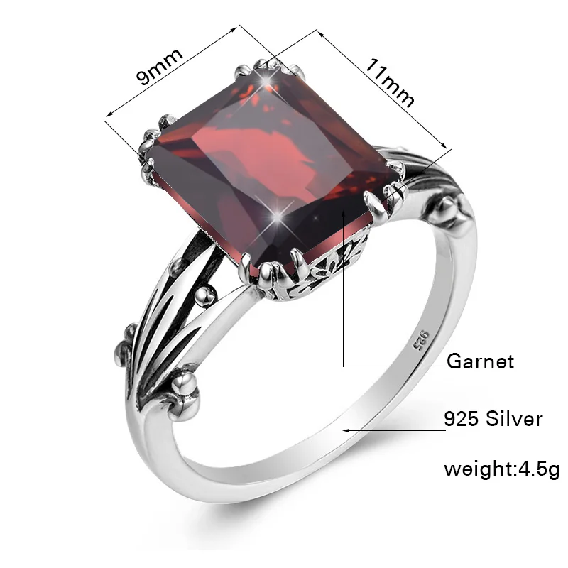 Vintage Garnet Rings For Women 925 Sterling Silver Square Gemstone Ring Anniversary Wedding Engagement Jewelry Wife Gift