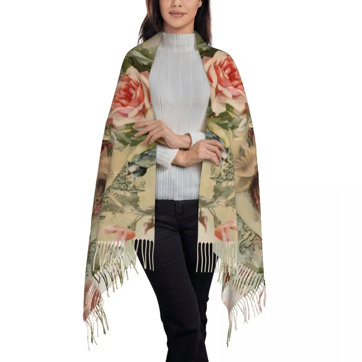 

Ladies Long Victorian Angel Vintage Rose Scarves Women Winter Soft Warm Tassel Shawl Wrap Scarf