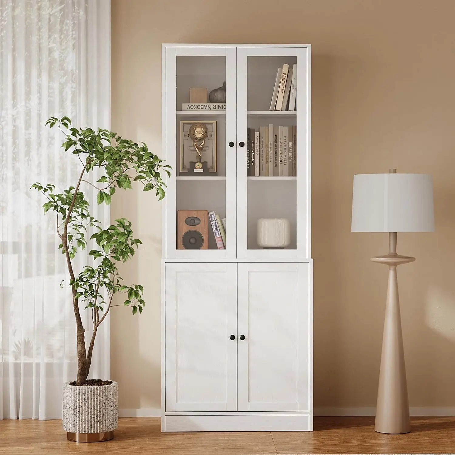 71'' 5-Tier Bookshelf with Glass Doors, Tall Freestanding Storage Cabinet for Home Office Living Room, White, Customized - view 2