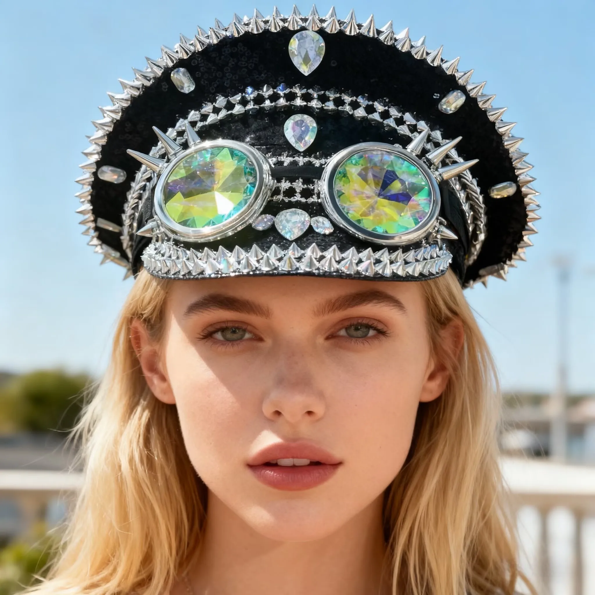 

HongLuan Colourful Captain Hat Rhinestone with Goggles for Burning Man Festival, Rave Festivals Accessories & Party Hat Woman