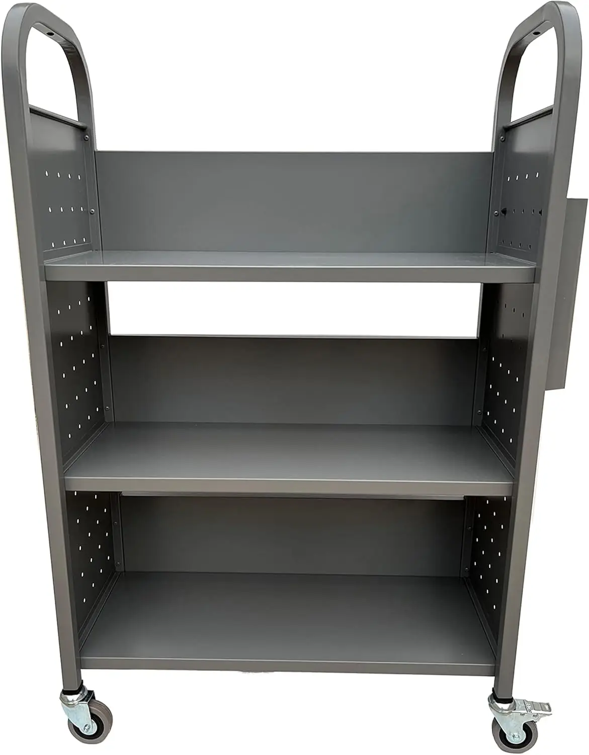 Rolling Book Truck Book Cart with 3 Flat Shelves, Library Book Cart with Swivel Lockable Casters 3001 Gray