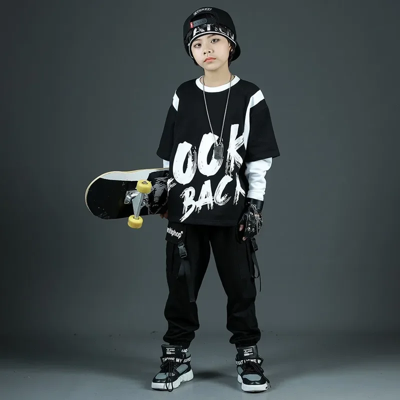 Korean Version of The Boy's Hip-hop Dance Costume Jazz Dance Rehearsal Suit Spring and Autumn Black Skateboard Sportswear