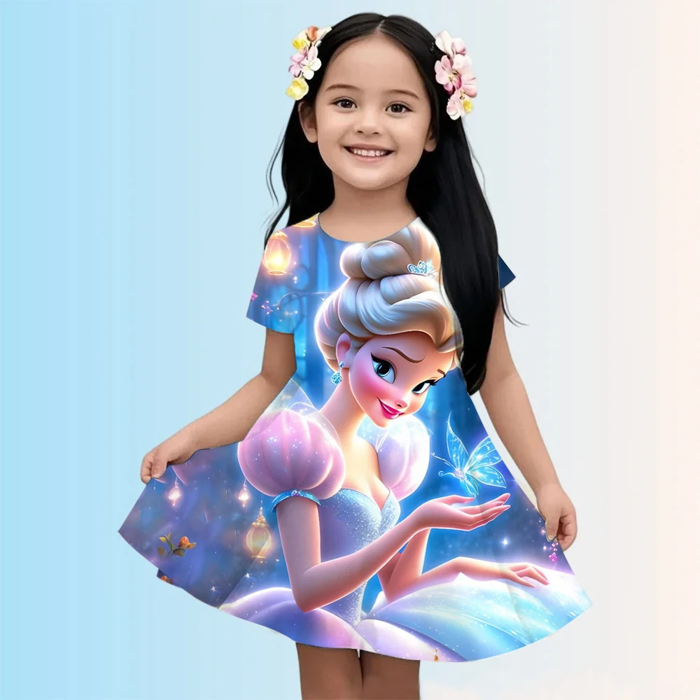 

New 3D Printed Dress, Children's Short Sleeved Princess, New Summer Girl Elsa Queen Dress, Fashionable Cartoon Cute