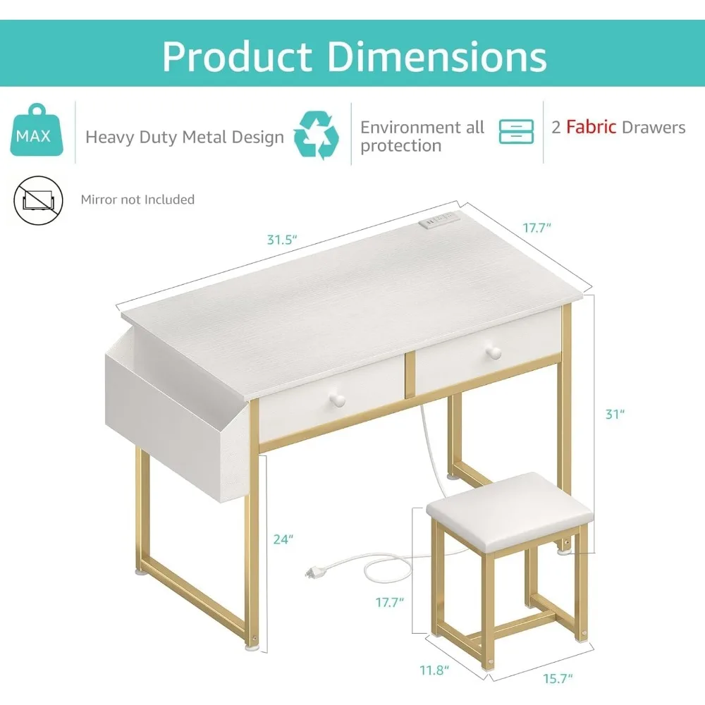 여자아이 침실 화장대용 화이트 화장대 세트(의자, 패브릭 서랍, USB 포트 포함)