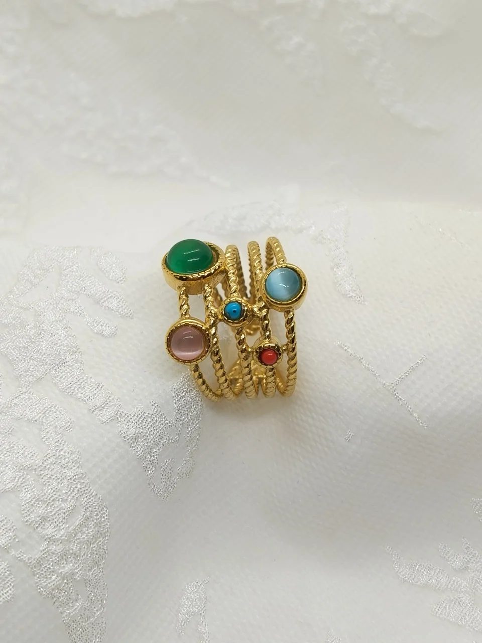 

2025 Trendy Stainless Steel Rings Natural Aquamarine Tourmaline Jade Multi-layers Finger Band For Women Casual Party Ins Jewelry