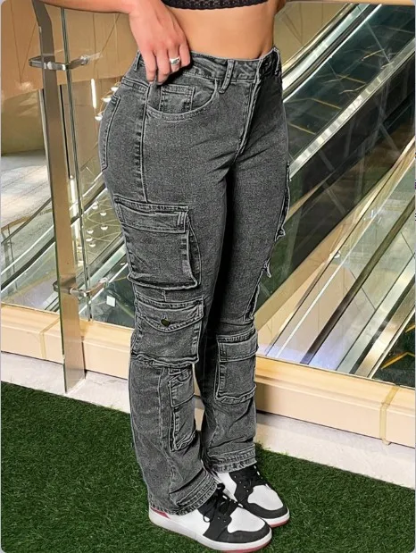 جديد منخفض الخصر غسلها الرجعية المتعثرة متعدد جيب تصميم ملابس العمل نمط الجينز للنساء الاتجاه عادية سليم صالح الجينز