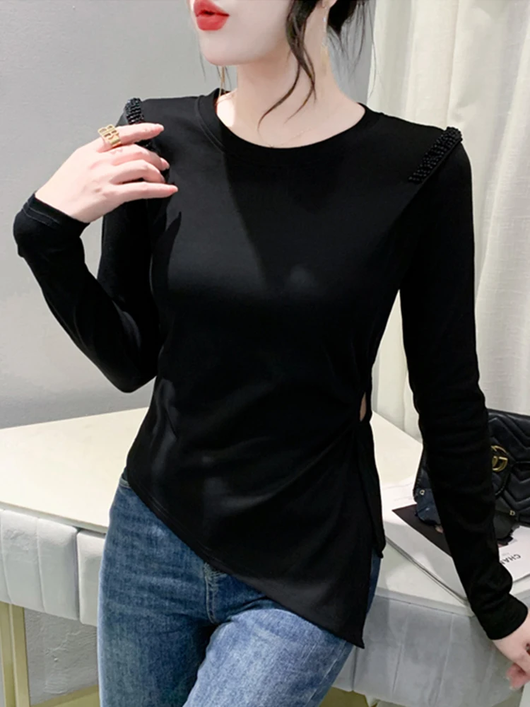 Langes Sve-T-Shirt für Damen, seitlicher Schlitz, schwere Stickerei, Basis, Irt, schlankmachend, vielseitig, erschwinglich, Frühling und Herbst, Baumwollmischung