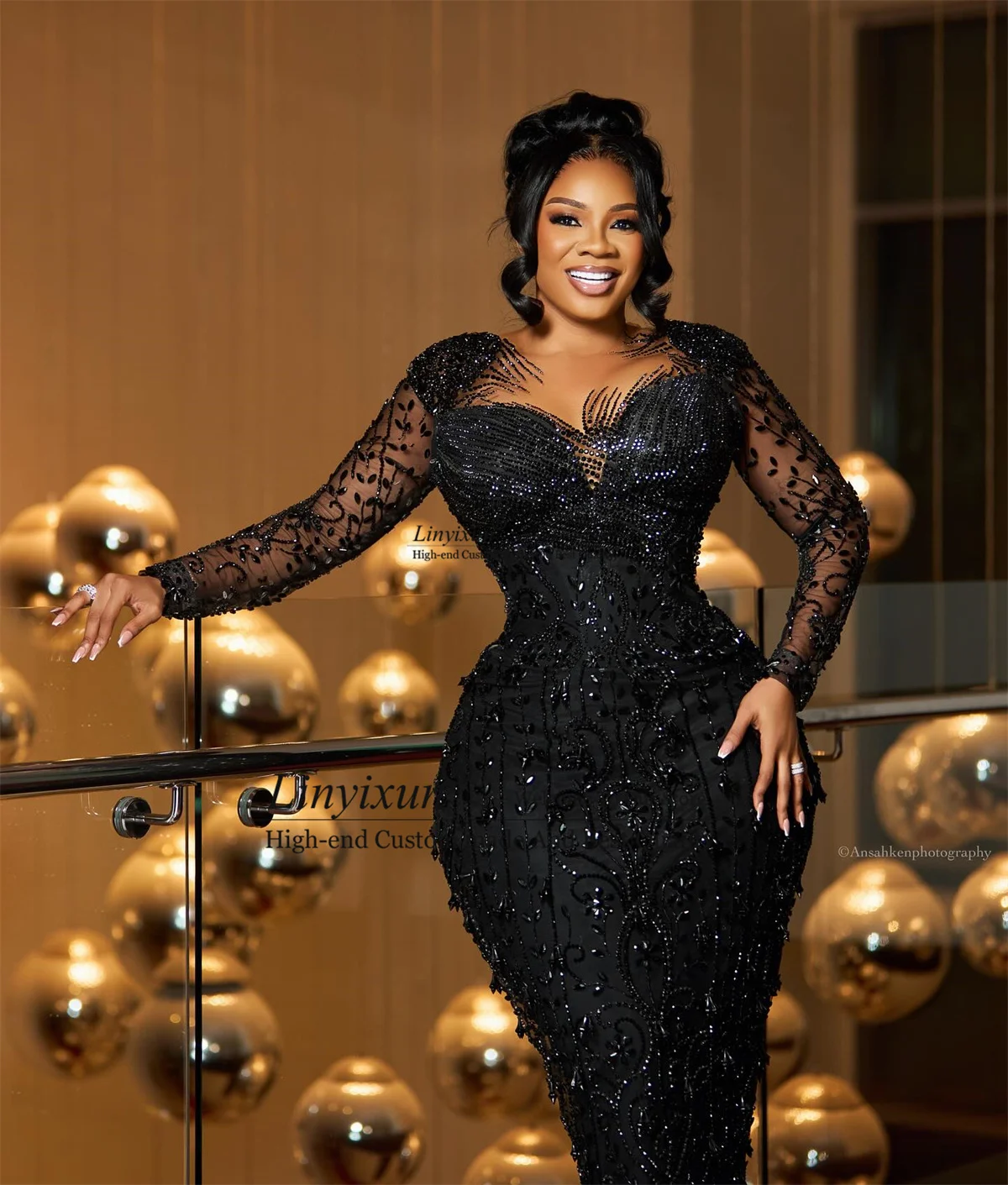 Glitter Beaded Diamond Prom Dresses Full Sleeves Wedding Eevening Reception Gowns Customized Formal Long Aso Ebi Robe De Soiree