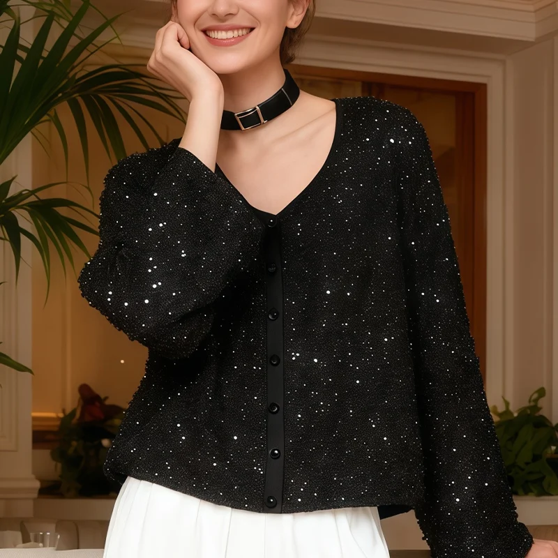 

Гламурная вечерняя верхняя одежда для вечеринок и коктейлей. Женский черный укороченный кардиган с пайетками, блестящая куртка на пуговицах спереди.