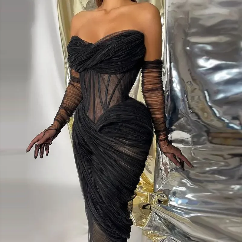 New Couture Black Prom Gowns Off Shoulder Pleated Sweetheart Formal Gown with Gloves Transparent Women Party Dresses Tulle Long