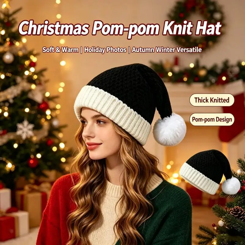 Weihnachtliche gestrickte Weihnachtsmannmütze, dickes warmes Material, flauschiger weißer Pompon für Feiertagspartys und den Außenbereich. – Detail 5
