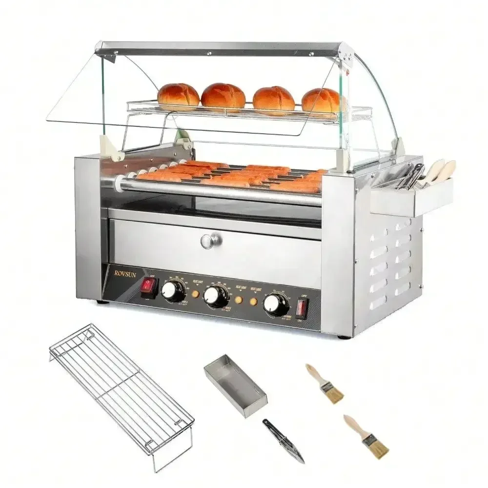 

Commercial Electric 18 Sausage Hot Dog 7 Roller Grill Cooker Machine ,Bun Warmer