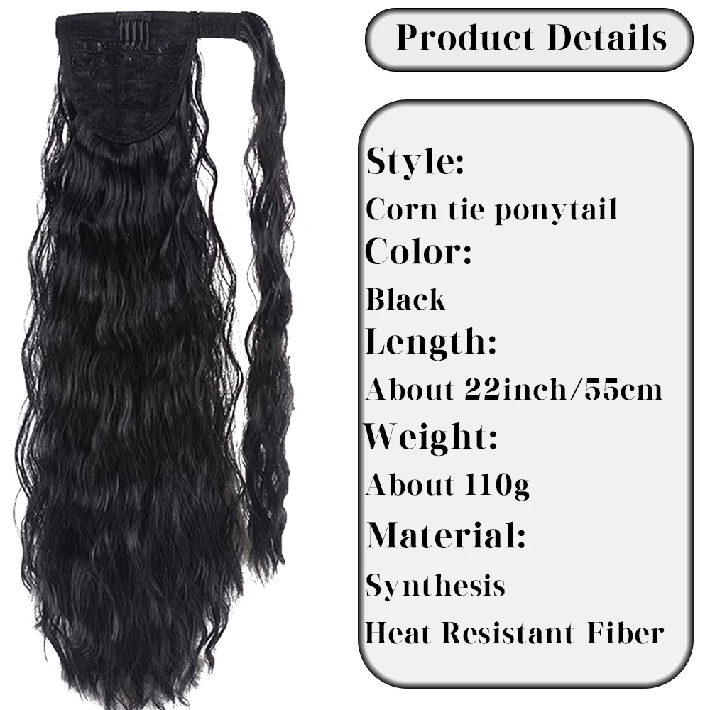 55CM Synthetic Long Corn Wavy Ponytail Hairpiece Winding Wrap on Hair Clip Ombre Black Hair  Extensions PonyTail wig