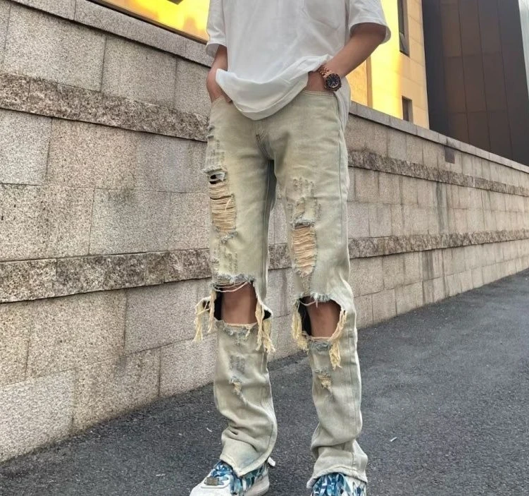 

High Quality Brand Ripped Jeans Men's Summer Thin Retro Fried Street Mid-waist Straight Pants Vintage Menswear Clothing Luxury