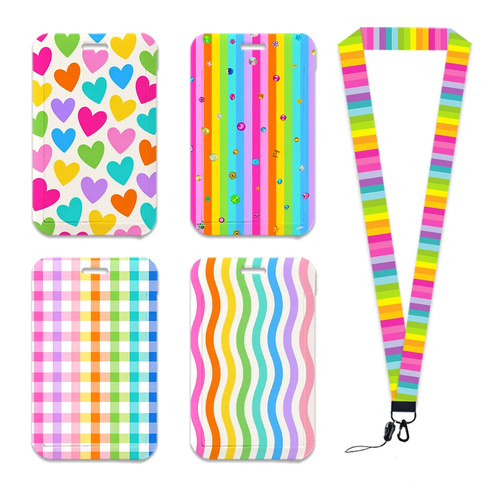 Colorful Stripe Wave Point Dot Work Card Holder Work Permit Name Badge with Keychains Student Id Card Lanyard Holder Accessories
