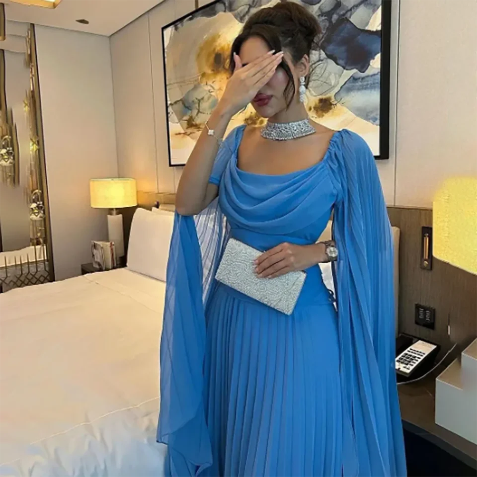 Charmante robe de soirée en mousseline de soie personnalisée pour les patients, col bateau, volants, mancherons, tulle, bleu, arabe, Dubaï, robes de mariée, 2024