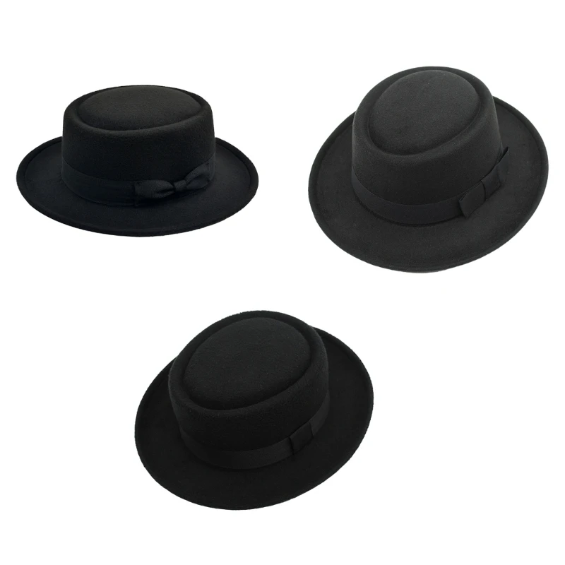 Y1UB Western Pork Pie Hat Black Wide Brimmed Dress Up Pork Pie Hat Surprise Gift for Boyfriend Father Uncle Casual Hat