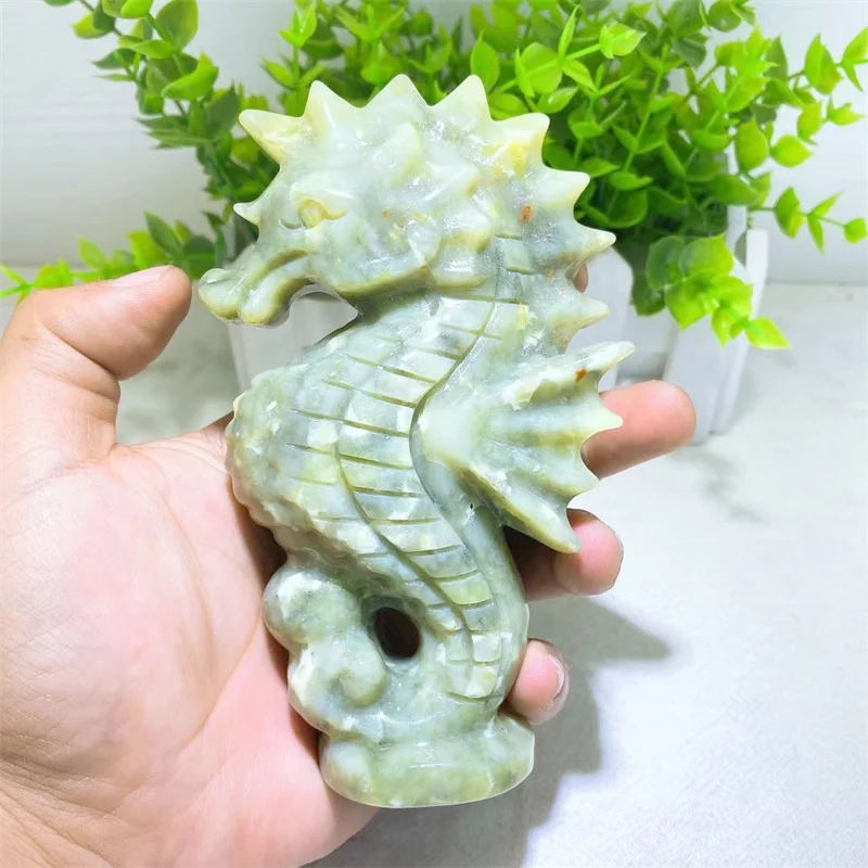 13cm High Quality Serpentine Crystal Seahorse Hand Carved Animal Healing Beautiful Gemstone Statue For Home Decoration 1pcs