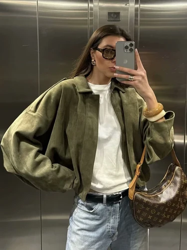 Chaqueta de ante verde para mujer, abrigo Bomber de gran tamaño con cremallera de manga larga a la moda de primavera, prendas de vestir exteriores elegantes para mujer 2025