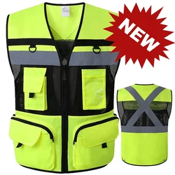 Custom LOGO Safety Vest Reflective With Tool Pockets Breathable Work gilet High Visibility Vest Mesh Reflective Vest Workwear