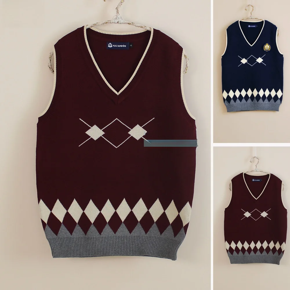 

Briti Sle Diamond Knitted Sweater V-Ne Svel Vest JK School orm Class orm DK Sweater Student Wear