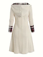 Knitted hooded dress plaid print stitching fake buckle high waist long sleeve A-line dress female - Image 2