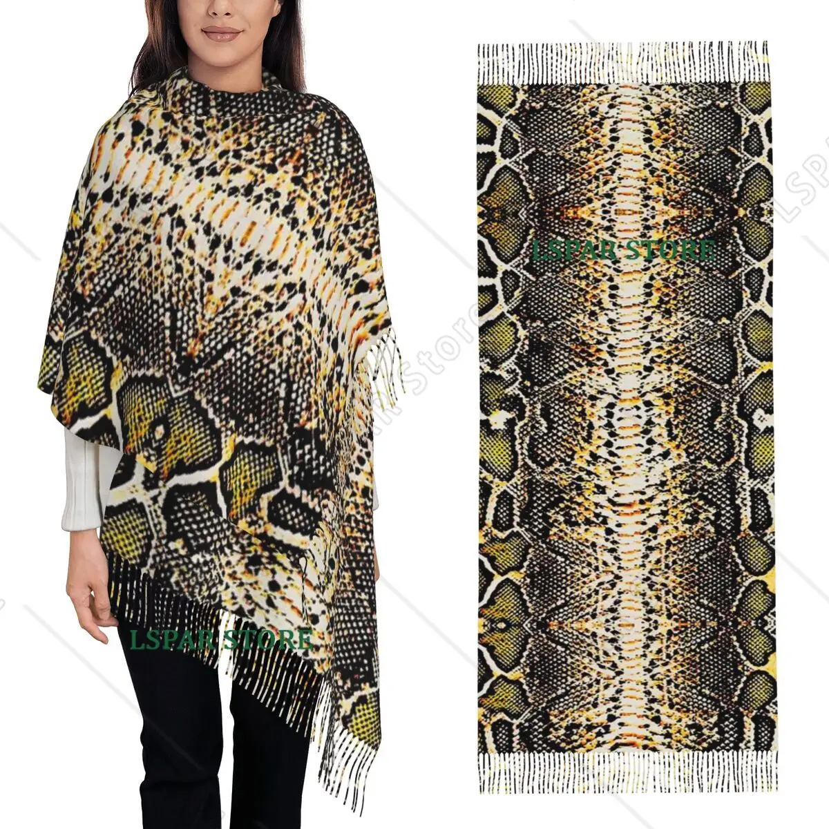 Snake Skin Scales Texture Scarf Tassel Scarves for Women Soft Warm Shawls and Wraps Long Fall Winter Shawl Wrap