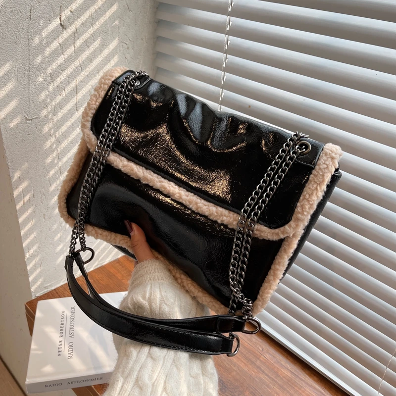 Fashion Pu Chain Woman Shoulder Bag Luxury Brand Lamb Wool Handbag Women\'S Vintage Soft Leather Messenger Bag Large Purse Female