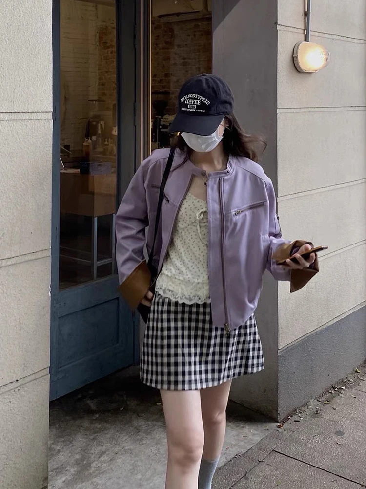 Jaqueta Feminina de Couro PU Roxo Taro para Primavera/Outono, Estilo Motociclista com Toque Sofisticado e Elegância Delicada