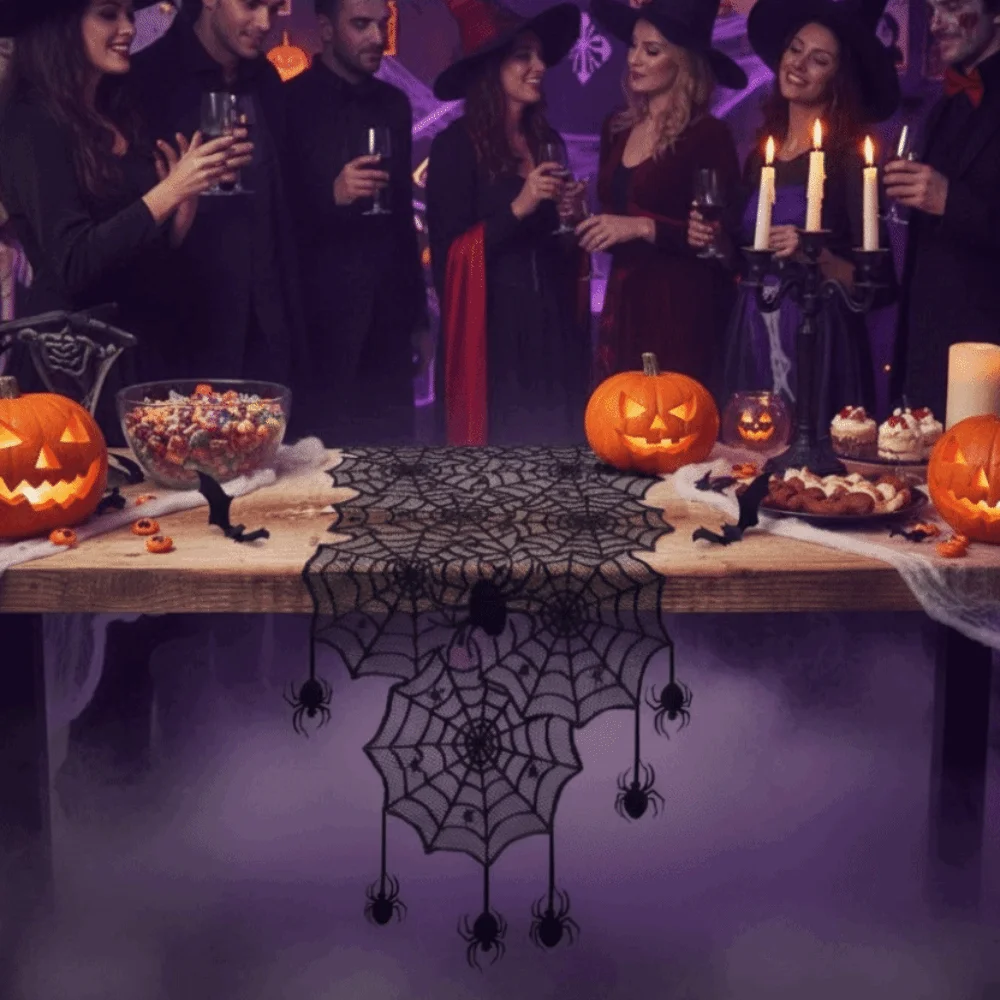 Translucent Spider Web Black Lace Table Runner with Spider Pendant Long Strip Halloween Table Cover Mesh Gothic Lace Tablecloth