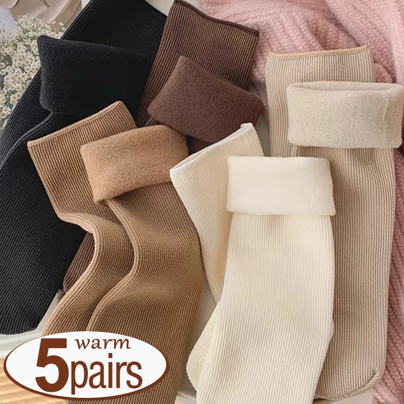 

5Pairs Winter Warmer Women Thicken Thermal Wool Cashmere Snow Socks Fashion Casual Against Cold Snow Wool Socks for Women Men