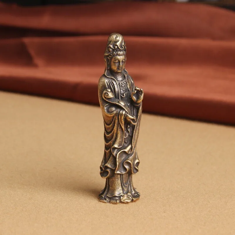 61mm Vintage Brass Ruyi Guanyin Bodhisattva Buddha Small Statue Lucky Amulet